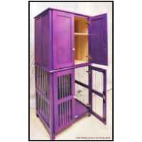 What may be the world's first and only purple maple doghouse / wardrobe / tv cabinet. Bottom section is a dog crate- 1/4 inch diameter aluminum rod bars, cast aluminum pulls, home-made vertical throw bolt latches on both doors. Top section was originally intended to hold blankets, sweaters, or other textiles but I think it was adapted for a tv. Bedroom furniture- finish inspired by samples generated from CC's vanity.