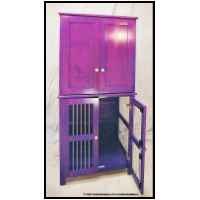 What may be the world's first and only purple maple doghouse / wardrobe / tv cabinet. Bottom section is a dog crate- 1/4 inch diameter aluminum rod bars, cast aluminum pulls, home-made vertical throw bolt latches on both doors. Top section was originally intended to hold blankets, sweaters, or other textiles but I think it was adapted for a tv. Bedroom furniture- finish inspired by samples generated from CC's vanity.